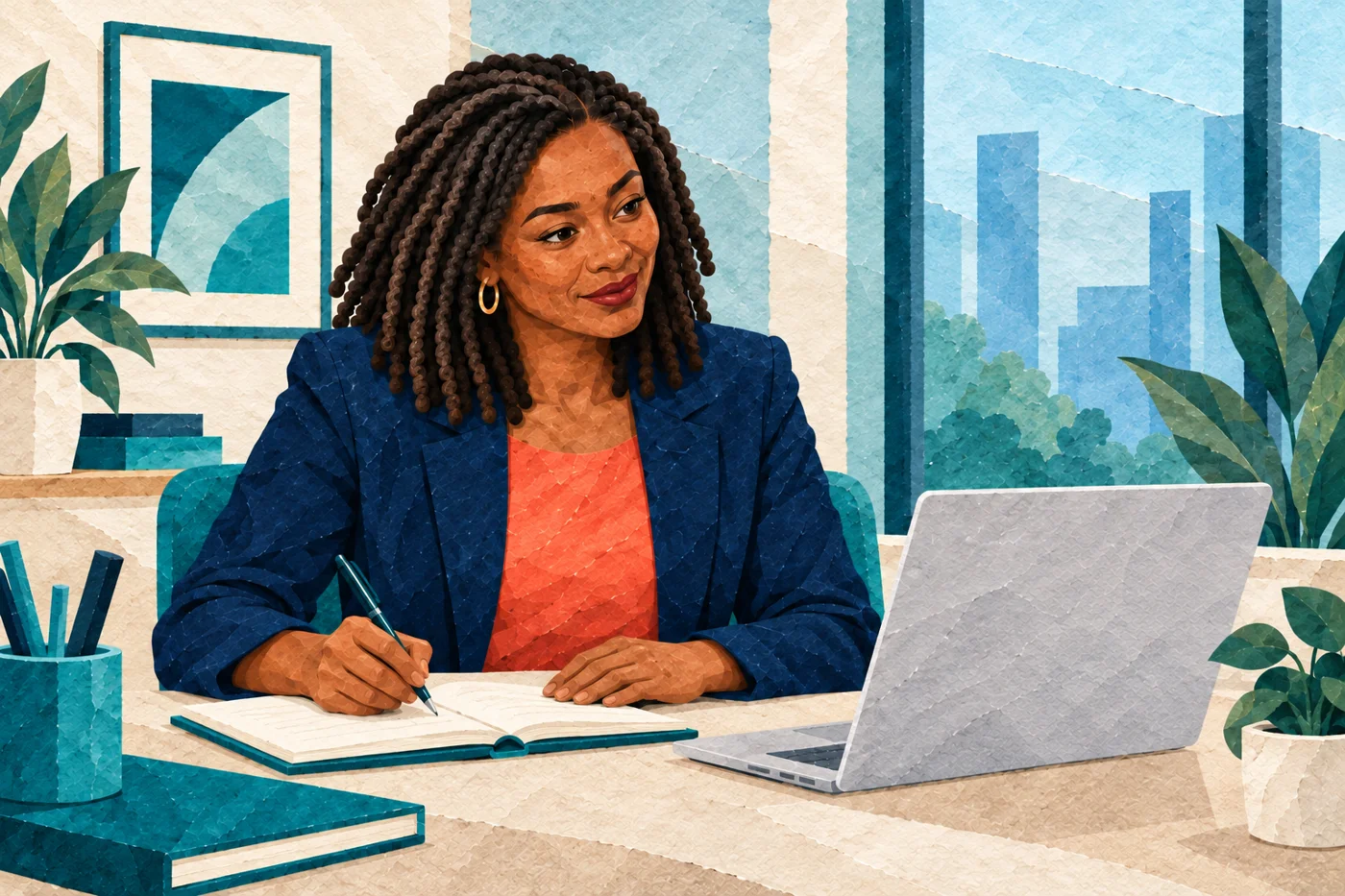 Illustration of a woman preparing notes for a presentation
