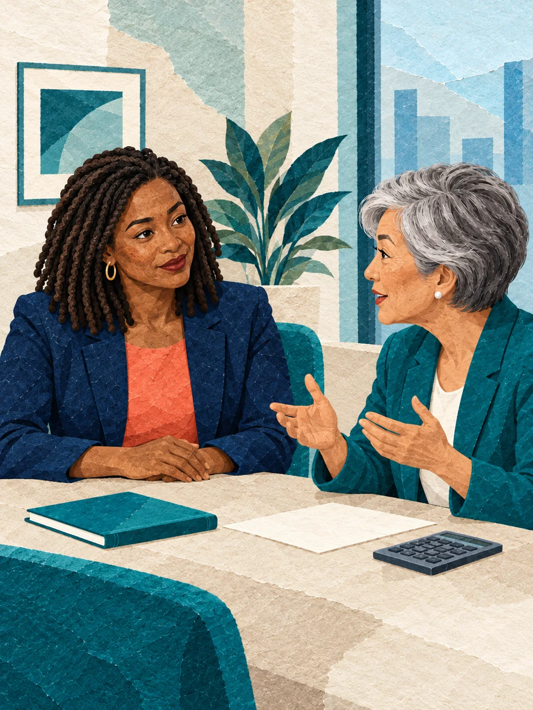 Illustration of a professional speaking with senior leaders around a meeting table