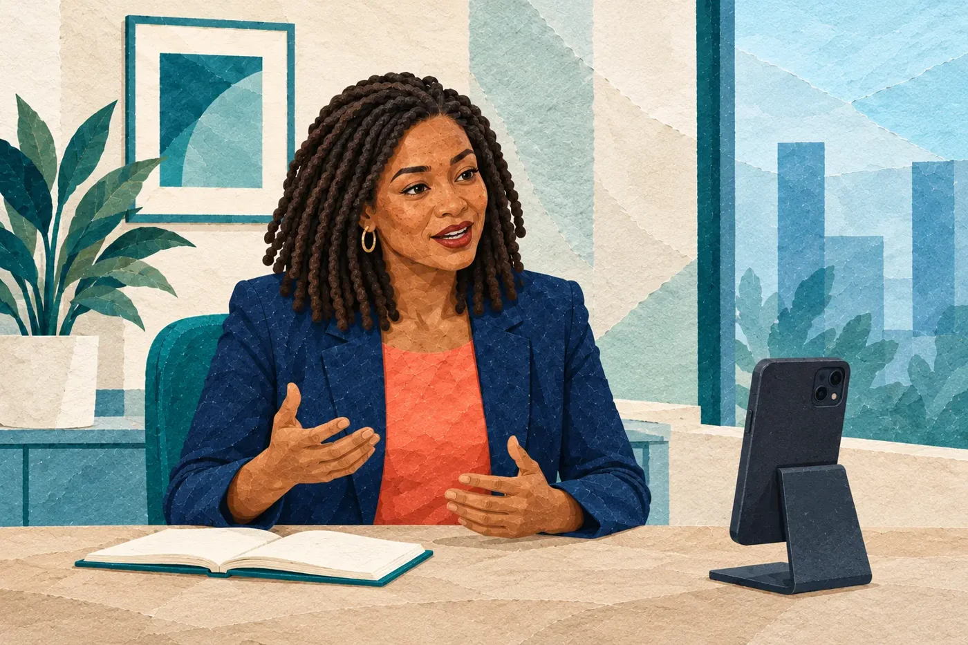 Illustration of a woman rehearsing a presentation aloud in front of a screen