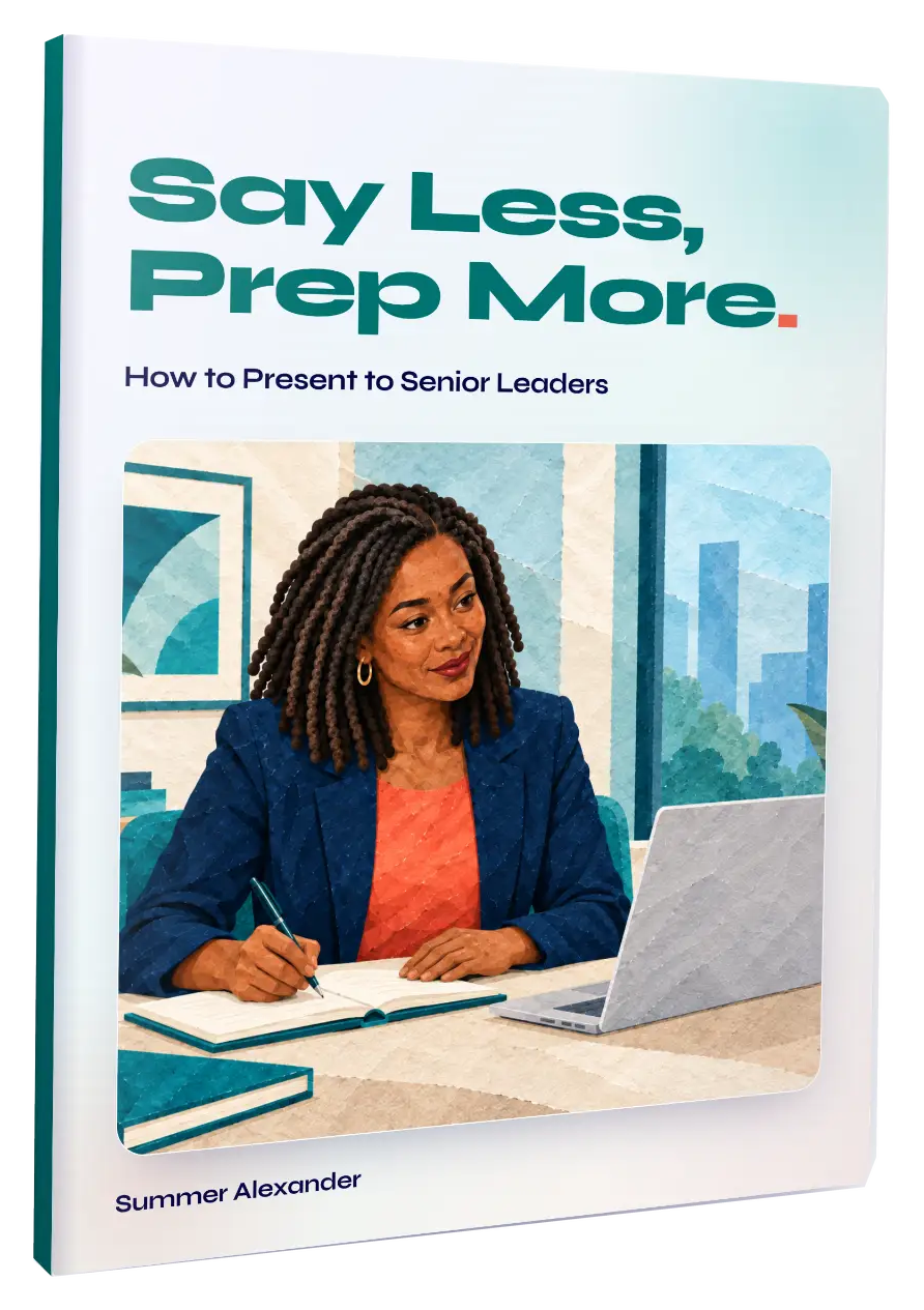 Cover of the Say Less, Prep More guide by Summer Alexander, showing a woman taking notes at her desk